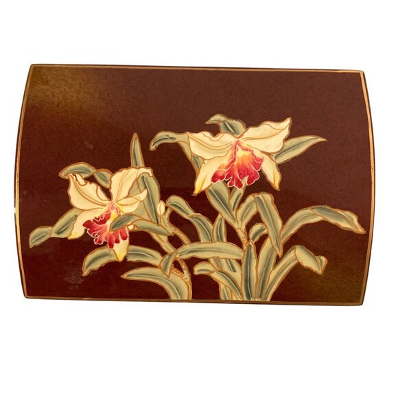 Vintage Floral Lacquered Wooden Jewelry Box With Hinged Lid And Orchid Design - Picture 2 of 9